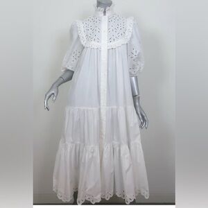 V DE VINSTER BRODERIE ANGLAISE TIERED MIDI DRESS WHITE COTTON SIZE small
